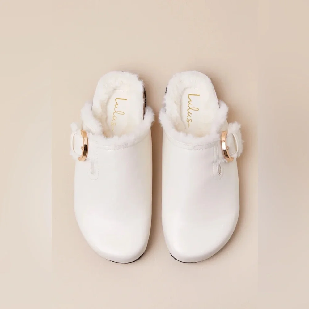 Lulus Carrina Bone Faux Fur Buckle Mule Slides White - Size 10 - Picture 3 of 11